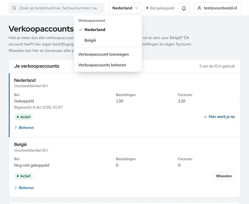 De pagina Verkoopaccounts in het dashboard met twee accounts, Nederland en België, en bovenaan de keuzelijst waarmee je van account wisselt.