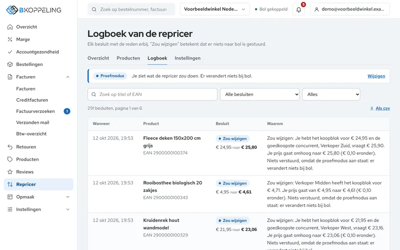 Het logboek van de repricer: per product het besluit met de reden, bijvoorbeeld: je hebt het koopblok voor €&nbsp;24,95 en de goedkoopste concurrent vraagt €&nbsp;25,90, dus je prijs gaat omhoog naar €&nbsp;25,80.