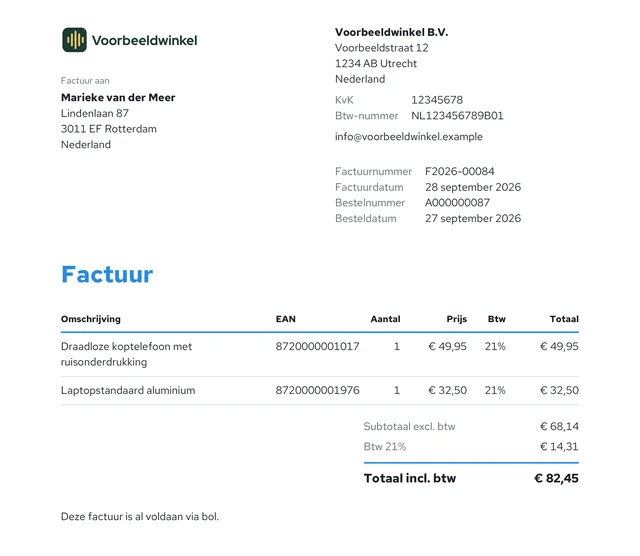 Voorbeeld van een factuur uit Bkoppeling: het logo en de gegevens van de verkoper, de koper, factuurnummer F2026-00084, het bestelnummer van bol, twee artikelen met 21% btw en het totaal van €&nbsp;82,45.