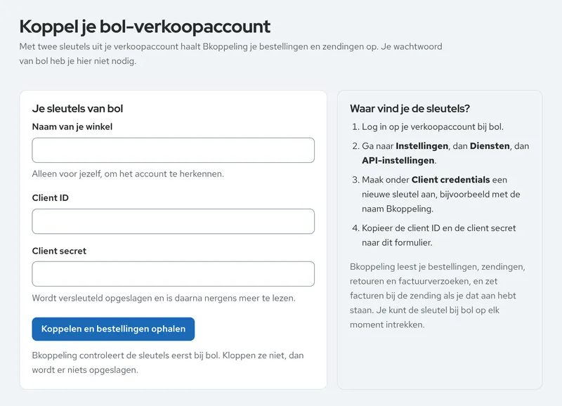 De pagina waar je je bol-verkoopaccount koppelt: velden voor de naam van je winkel, de client ID en de client secret, met ernaast in vier stappen waar je de sleutels bij bol vindt.