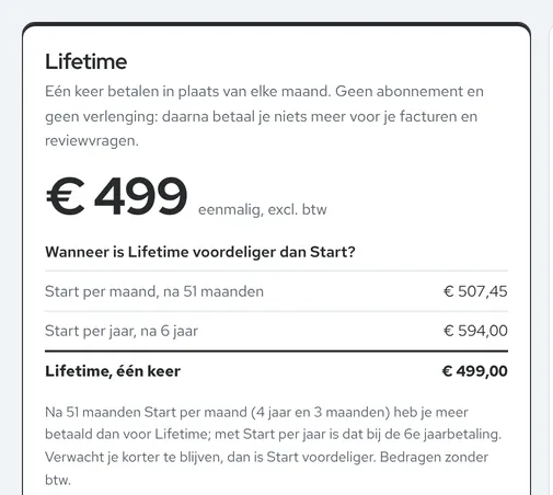 De kaart van Lifetime op de pagina Abonnement: €&nbsp;499 eenmalig, met de rekensom wanneer Lifetime voordeliger is dan Start per maand of per jaar.