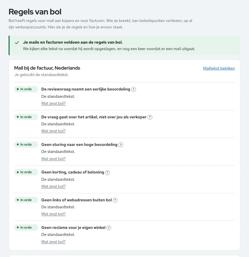 De pagina Regels van bol in het dashboard: per regel van bol staat of je mailtekst en je factuur in orde zijn.