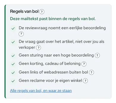 De controle onder de mailtekst in het dashboard: deze mailtekst past binnen de regels van bol, met zes regels die elk zijn afgevinkt.